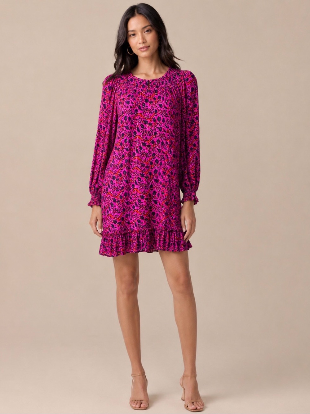 Anthropologie Long Sleeve Woodblock Floral Tunic Mini Dress Women’s XS Pink